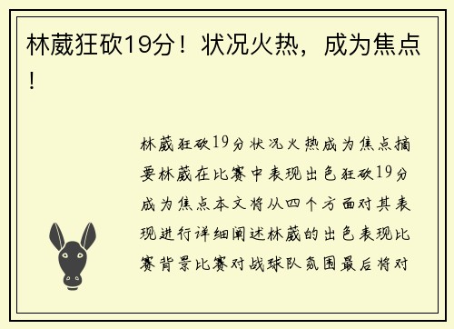 林葳狂砍19分！状况火热，成为焦点！